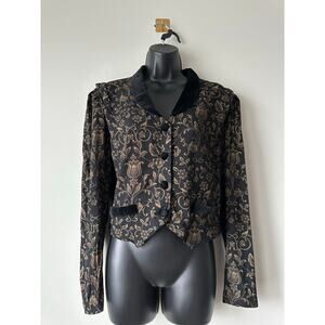 Vintage 90s Black Gold Brocade Cropped Blazer Floral Tapestry Jacket Size L